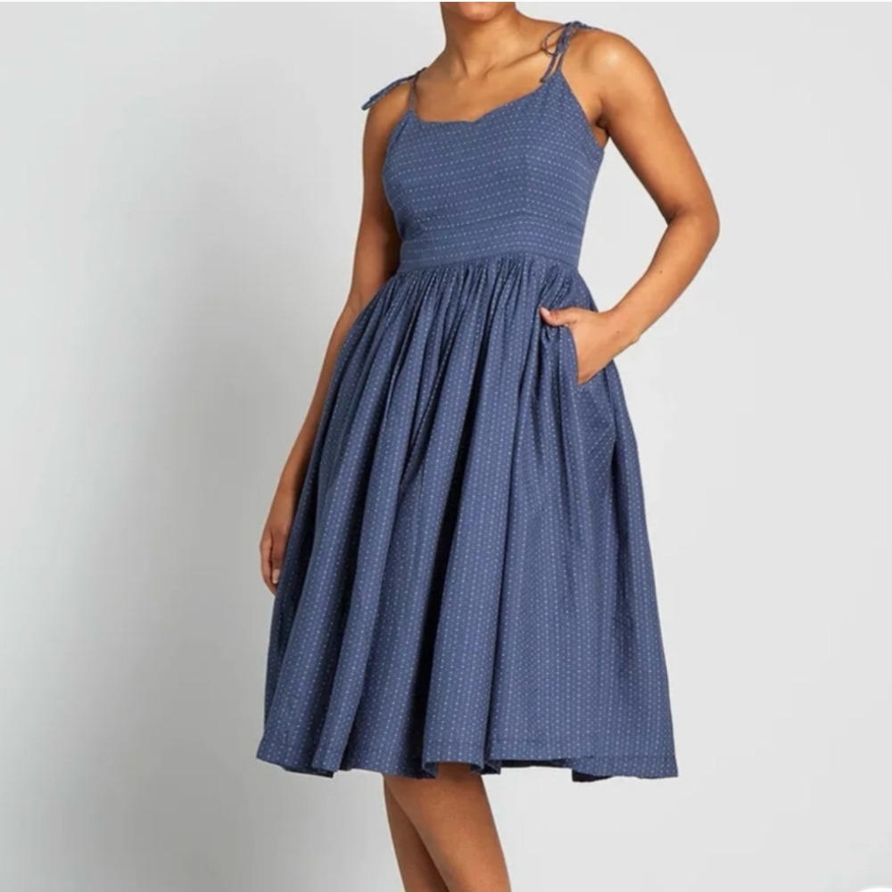 Modcloth Blue Fit & Flare Midi Dress 12 Pockets Retro Vintage‎ Aesthetic
